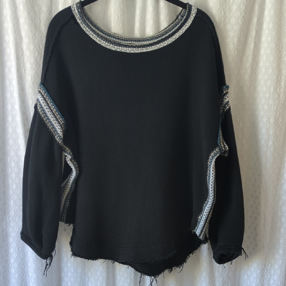 Free People Trudy Oversized Black Sweater With Fringe Trim Size Small